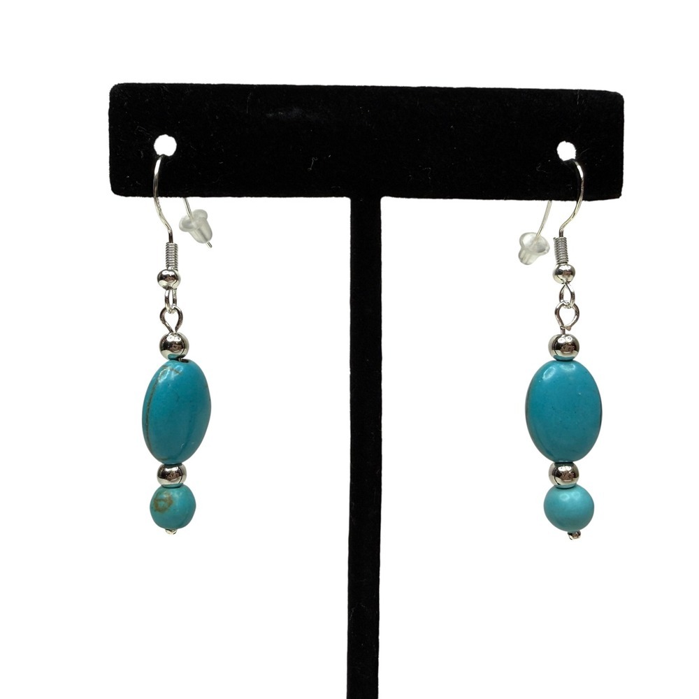 925 Sterling Silver Turquoise Stone Dangle Droop Earrings Southwest Jewelry 2 in